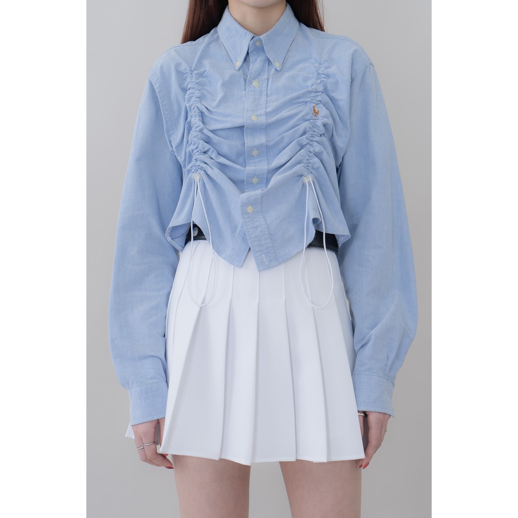 孔雀花子 Polo藍色改造抽皺襯衫h9三隻孔雀 花的呢喃 古著二手 蝦皮購物