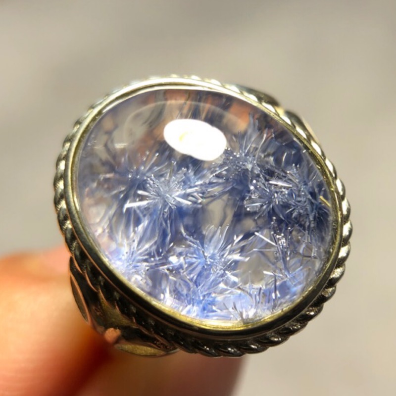 天然水晶 藍線石 藍髮晶 純銀戒指