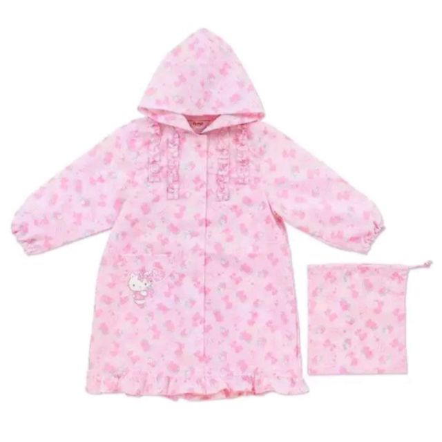 (特價)全新日本專櫃Hello Kitty超可愛粉嫩精緻滿版草莓蝴蝶結圖騰胸前下擺滾荷葉邊造型傘狀兒童雨衣