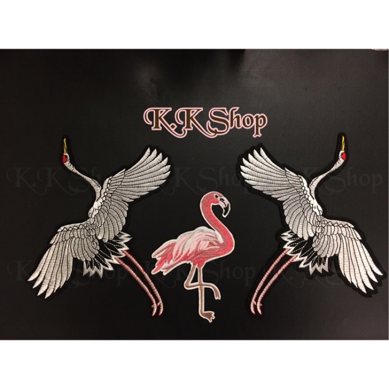 K K Shop 對鳥系列高品質仙鶴優質刺繡對鳥燙花火紅熱門紅鶴背膠刺繡diy布貼手工藝徽章烈火鳥仙鶴紅鶴手作