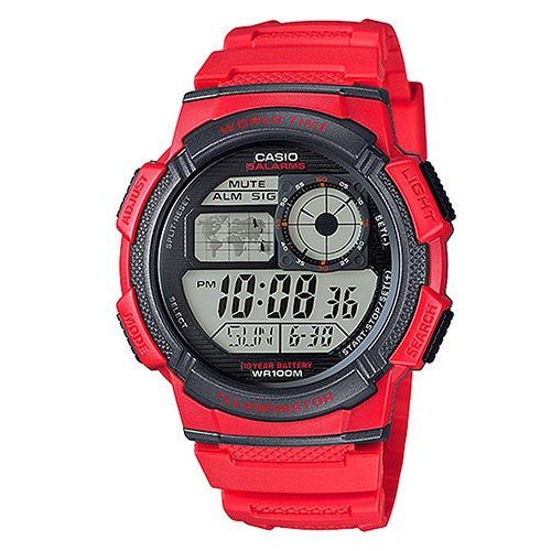 【CASIO】10年電力世界城市野外風格膠帶電子錶-紅(AE-1000W-4A)正版宏崑公司貨