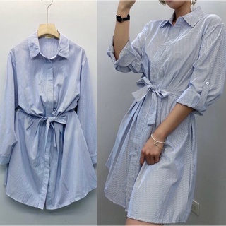 條紋襯衫洋裝 藍白直條綁帶反折袖短洋裝 ws 4-2