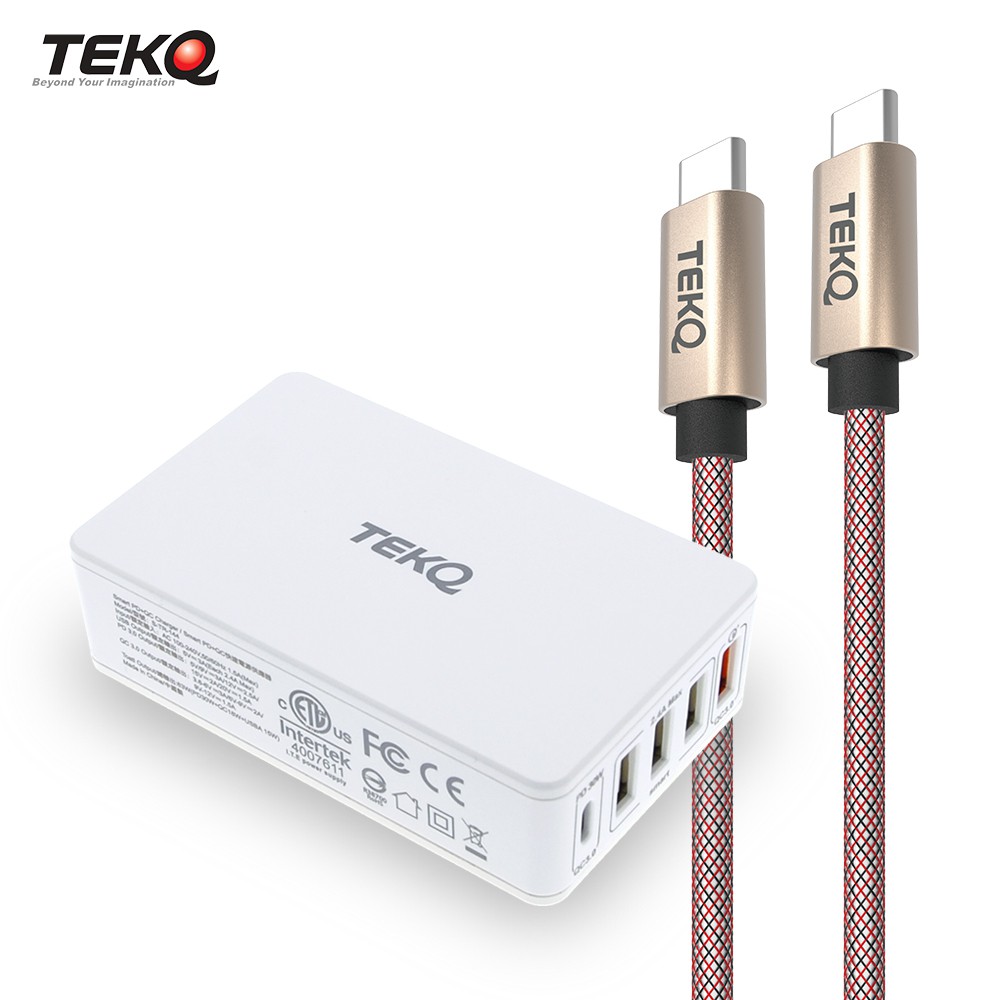 【TEKQ】 Type-C USB 63W 5孔快充萬用充電器+ Type-C 高速傳輸線-120cm(快充組合)