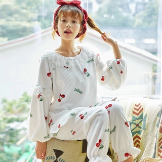 【Wonderland】櫻桃蕾絲法蘭絨保暖睡衣褲組(XL)