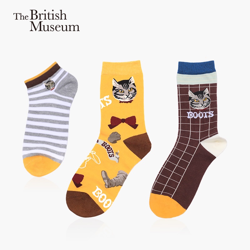 大英博物館穿靴子的貓系列格紋提花中筒襪針織棉襪女~Oz