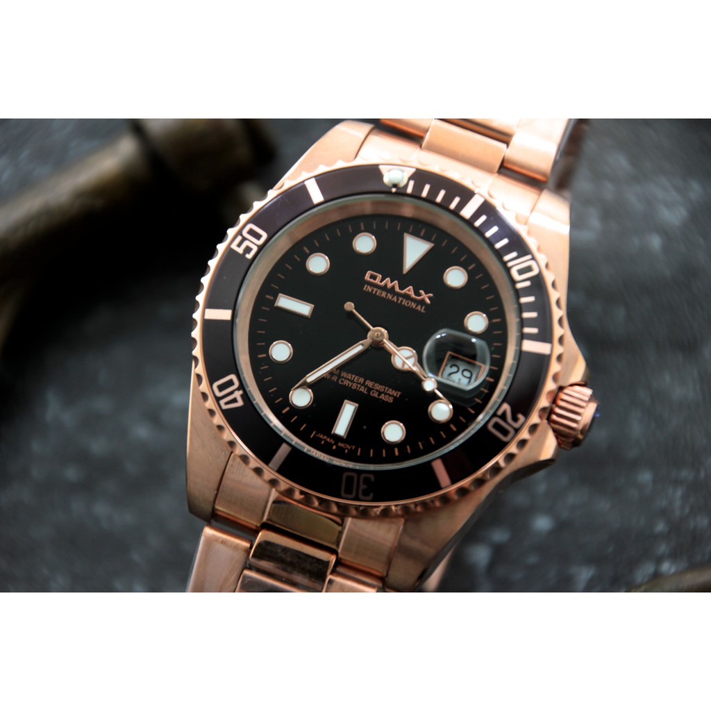 OMAX歐馬仕時尚勞利仕名款 日本製石英機心～黑水鬼玫瑰金submarine造型不鏽鋼製石英錶