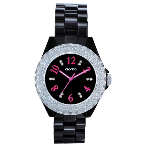 GOTO 雙排晶鑽奢華時尚精密陶瓷手錶-黑x桃