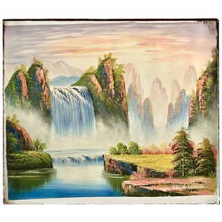 風景油畫 夕陽山水瀑布 60x50公分 手繪油畫 無框畫 - 807