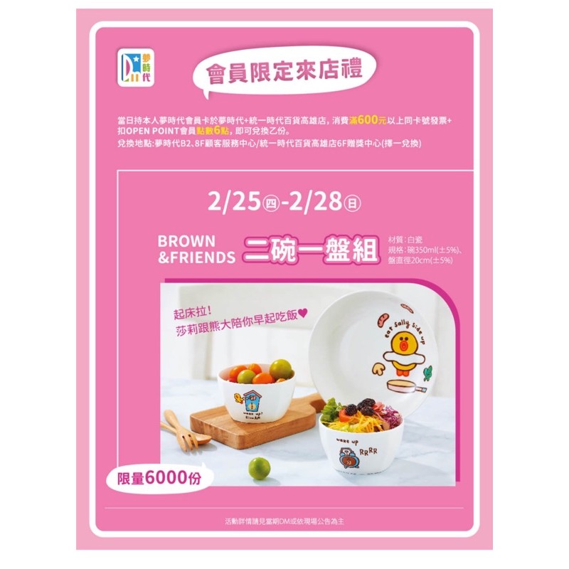 全新品 LINE 二碗ㄧ盤組 莎莉 熊大