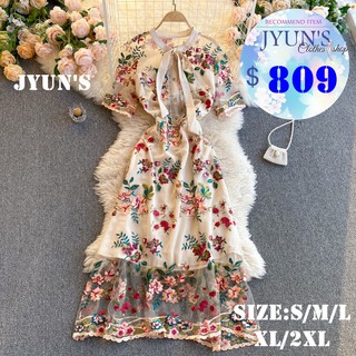 JYUN'S 初春新款法國赫本風撞色網紗蝴蝶結領顯瘦刺繡花朵連衣裙短袖洋裝連身裙大尺碼2色S~2XL預購