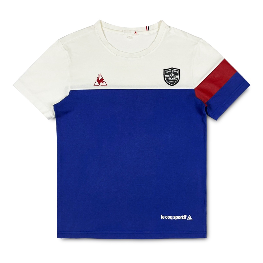 [極新品] Le Coq Sportif 法國公雞 藍白紅拼布撞色純棉短袖T恤 公雞盾牌繡章+膠印LOGO M號