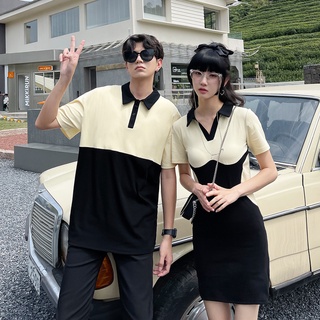 【COUPLE】不一樣的炸街ins2022💕情侶裝💕修身拼接小個子女連衣裙立領男T恤班服