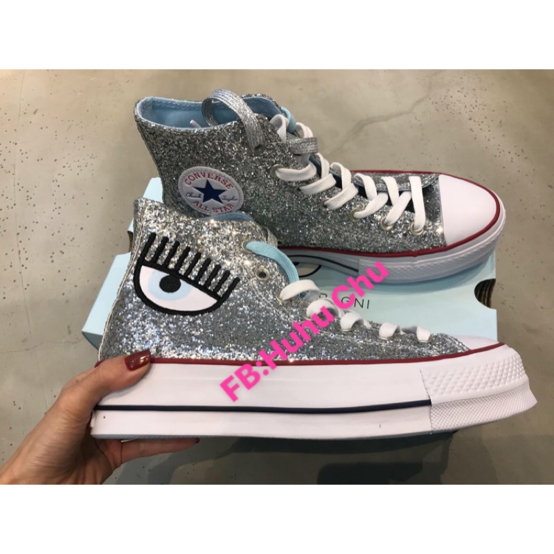 現貨 限量 Chiara Ferragni x converse 聯名款大刺繡眨眼睫毛厚底高筒帆布鞋