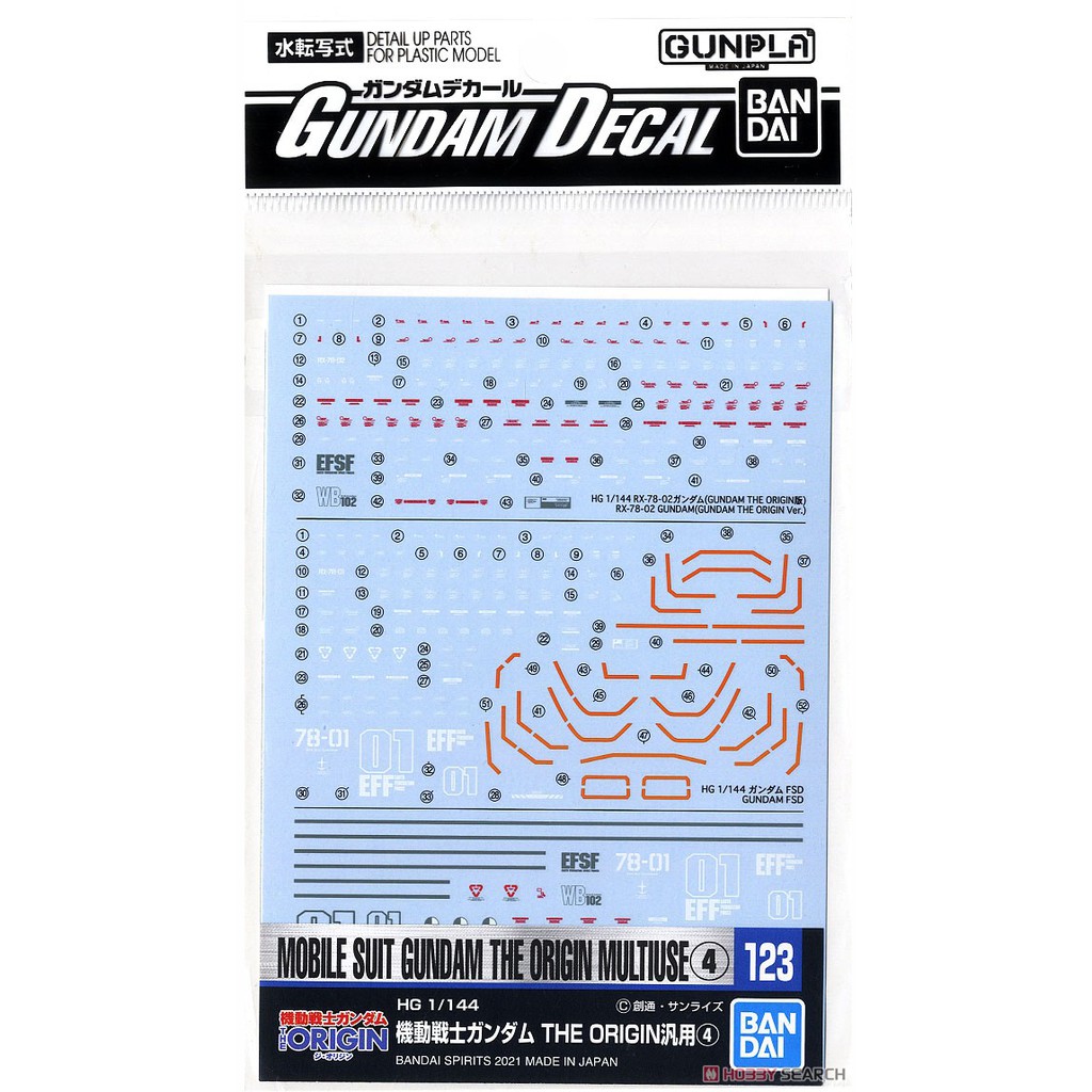 【鋼普拉】現貨 BANDAI 模型水貼紙 #123 HG THE ORIGIN RX-78-2 初鋼 通用 水貼紙