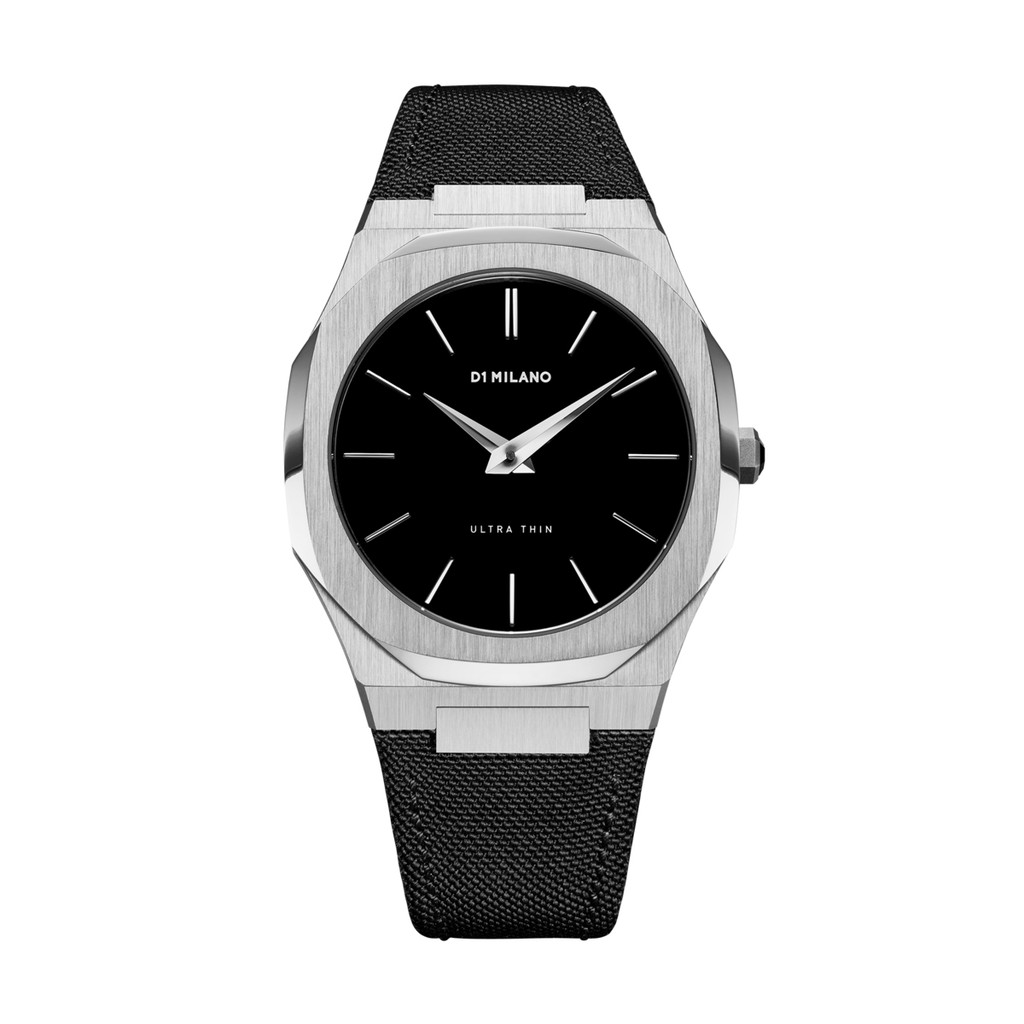 D1 MILANO ULTRA THIN 銀色錶殼黑尼龍面皮革錶帶腕錶 40mm UTNJ01