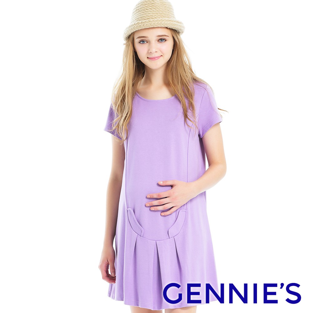 【Gennies 奇妮】簡約純棉百摺長版上衣-紫(T3A25)