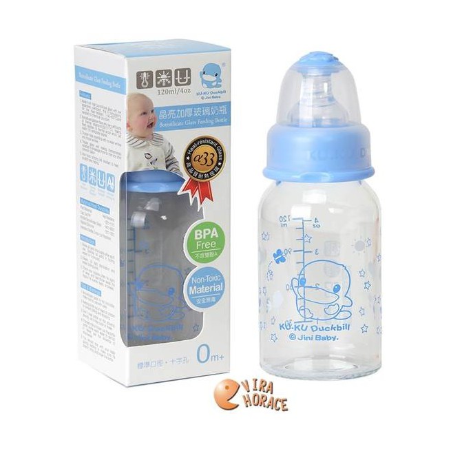 KU KU 酷咕鴨標準晶亮加厚玻璃奶瓶120ML附防脹氣奶嘴 新生兒寶寶適用 5846  HORACE