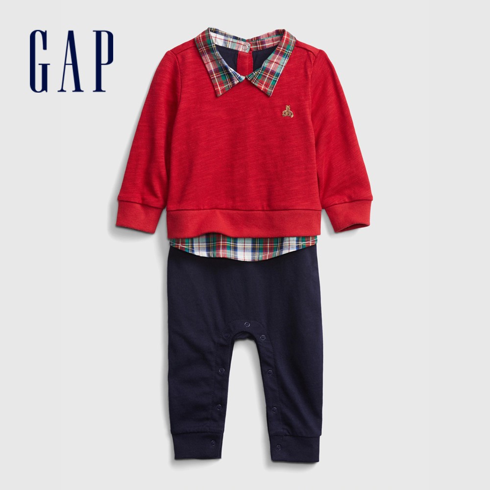 Gap 嬰兒裝 時尚假兩件式針織包屁衣-紅色(650285)