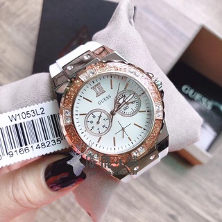 麋鹿小铺✨Guess 蓋爾斯正品時裝腕錶 鑲鑽石英錶 白色橡膠帶女士手錶 三眼計時女腕錶正裝手錶 W1053L2