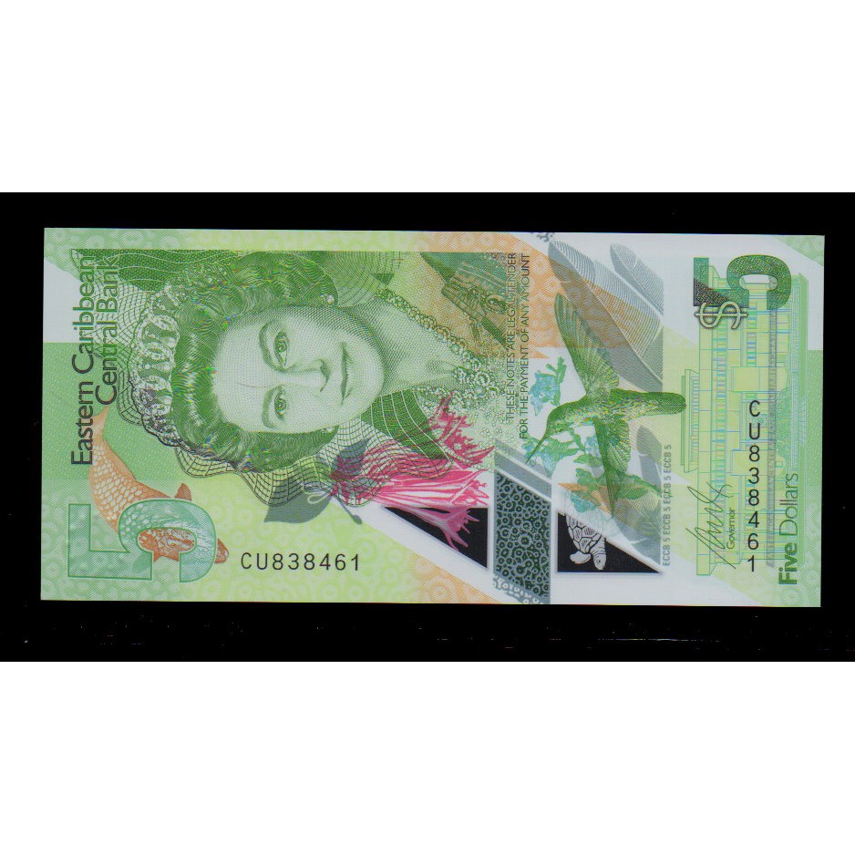 【低價外鈔】東加勒比 加勒比海 (2021) 年 5Dollars 塑膠鈔一枚 伊莉莎白二世 最新發行~