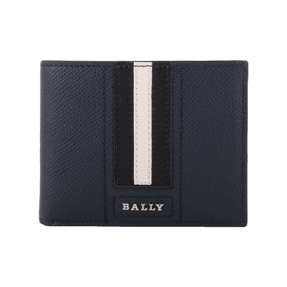 BALLY-防刮皮革黑白條紋對開6卡短夾 (藍色)