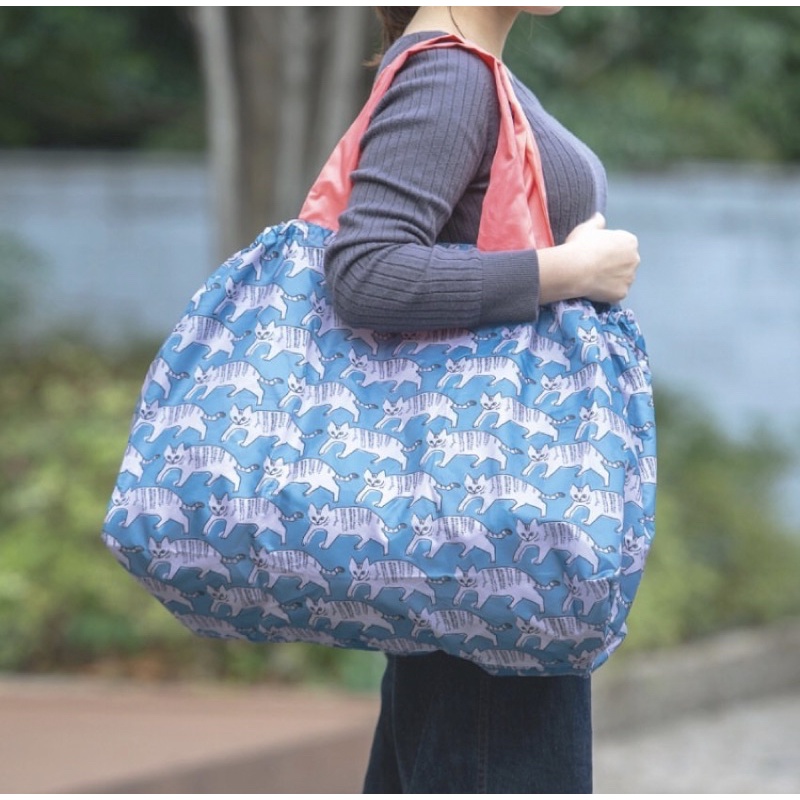 日本 可水洗 魔鬼氈設計開口 肩背環保購物袋 日常購物 配色優美 動物 貓 水玉 花卉 耐重 收納折疊
