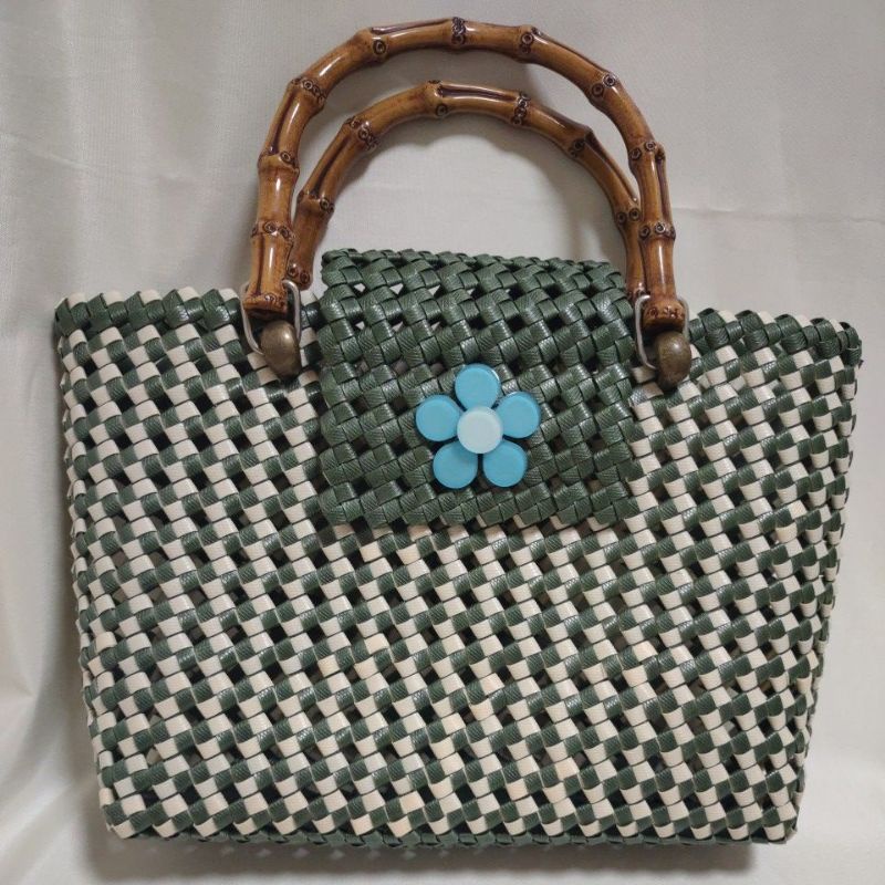 「純手工」 精巧編織袋 塑膠藤編織 編織籃 編織提袋 編織包 購物袋 編織購物袋 小物袋 打包袋