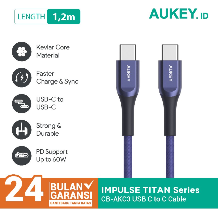 C 型 Aukey CB-AKC3 充電線 1.2m Kevlar 藍色 500417