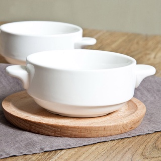 純白陶瓷湯碗 雙耳小碗+櫸木墊套裝組