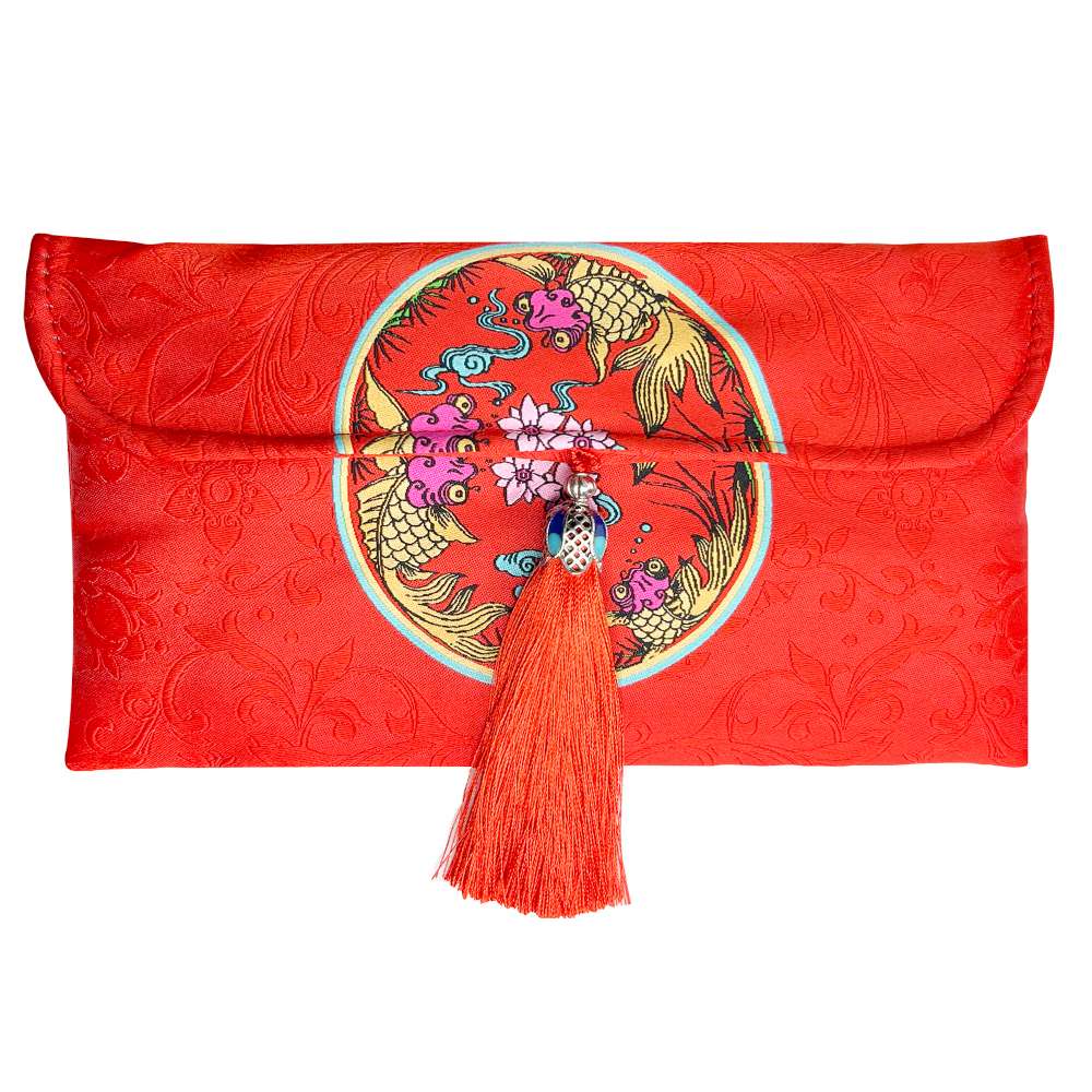 【農曆新年春節】綢緞布橫式雙魚流蘇藝術紅包袋