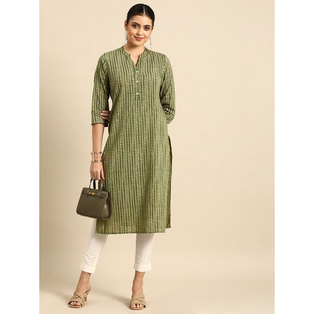 【Lakshmi 各國好物 印度】印度品牌  苔綠色&amp;白色 直條紋 長版上衣
