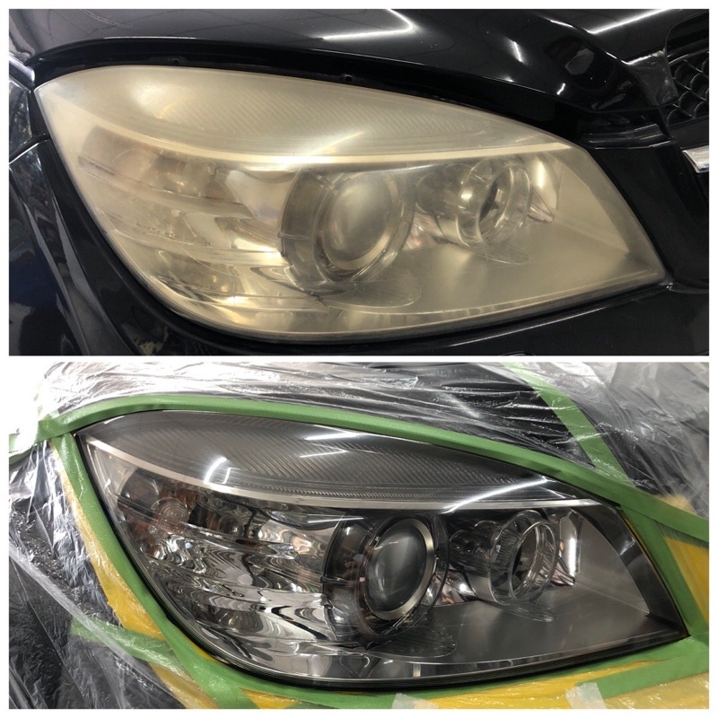 Benz W204 c300大燈修復 c250 c180 大燈氧化泛黃修復、大燈龜裂修復、大燈刮傷刮痕修復。