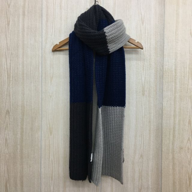 Calvin klein CK 黑x灰x藍 間隔混羊毛針織圍巾
