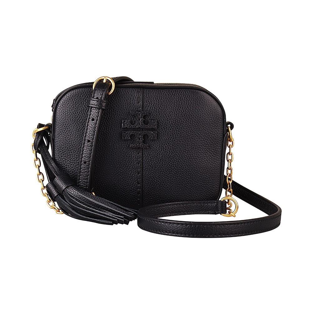 TORY BURCH MCGRAW 雙T LOGO荔枝紋牛皮拉鍊斜背相機包 (黑)