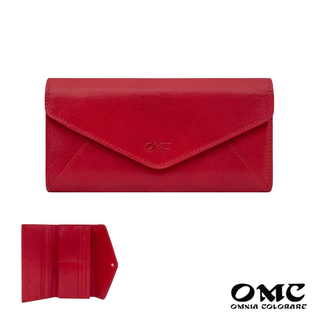 【OMC】義大利植鞣革信封式三折牛皮長夾95115(紅色)