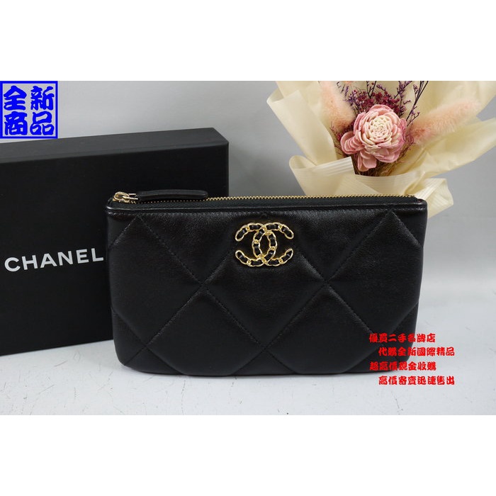 優買二手精品名牌店 Chanel AP1059 19 黑色 皮革 羊皮 桃紅內裡 信用卡夾 拉鍊 一字 手拿包 化妝包