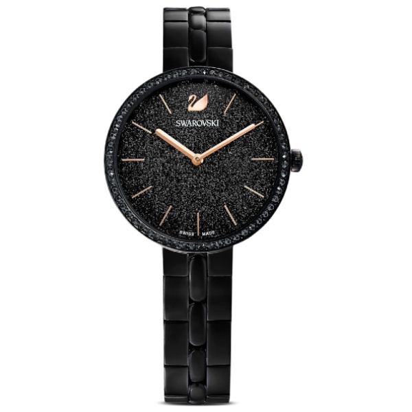 SWAROVSKI施華洛世奇 5547646 黑色PVD塗層 玫瑰金色刻度時尚腕錶 黑 32mm