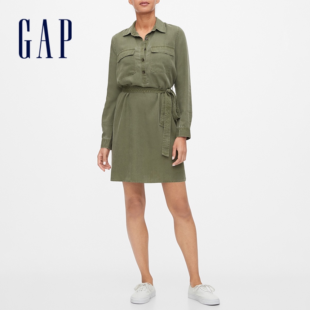 Gap 女裝 通勤半開領襯衫式洋裝-軍綠色(619960)