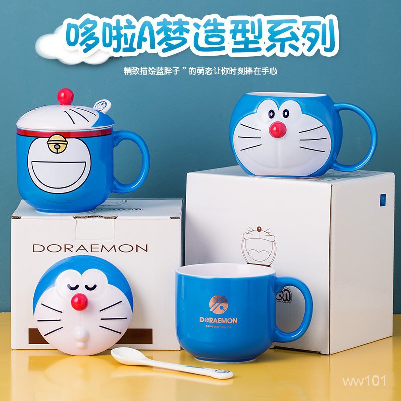 台灣熱銷/爆款哆啦A夢馬克杯陶瓷水杯情侶對杯帶蓋帶勺卡通創意生日禮物機器貓