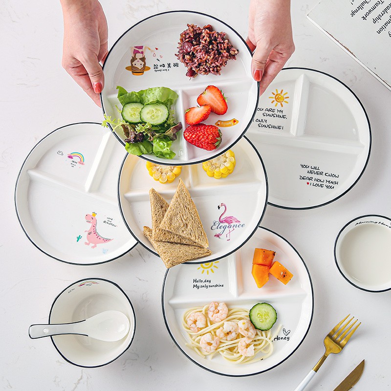 【精美餐具】分格減脂餐盤一人食家用早餐餐具兒童陶瓷減肥定量盤子三格分餐盤