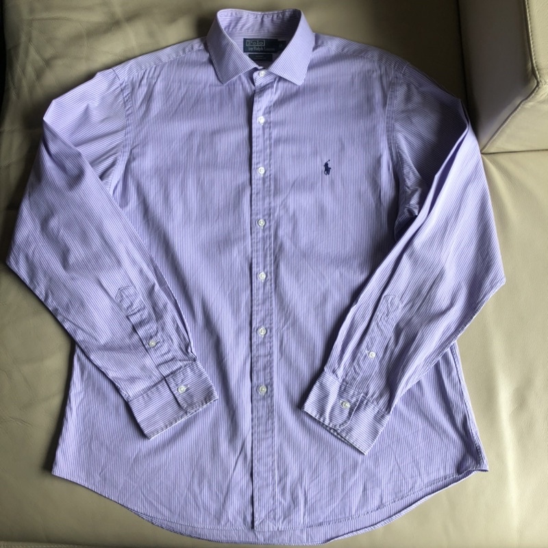 保證正品Polo by Ralph Lauren 紫白條紋 休閒襯衫 size 17 適合 XXL