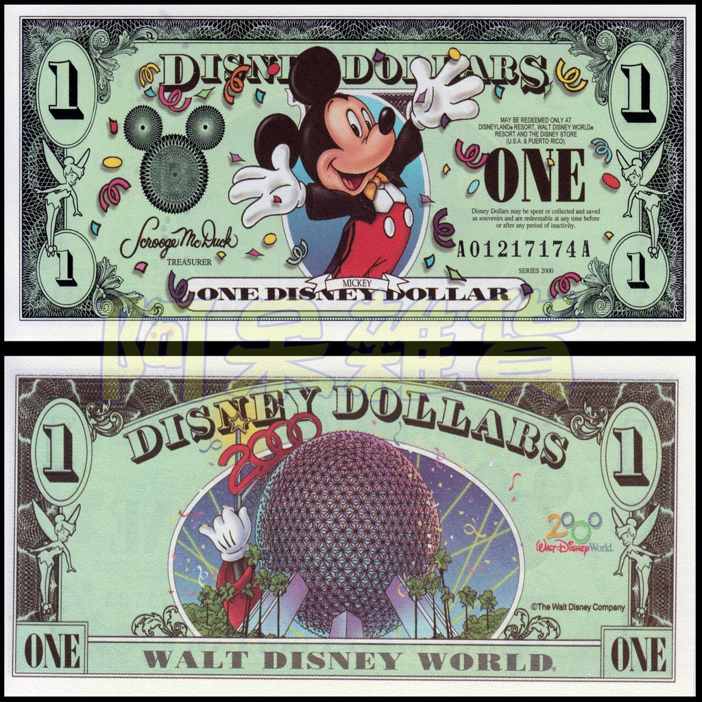 阿呆雜貨 現貨實拍 全新真鈔 美國 迪士尼 樂園 2000年 千禧年 Disney 1美金 紀念鈔 紙鈔 非現行流通貨幣