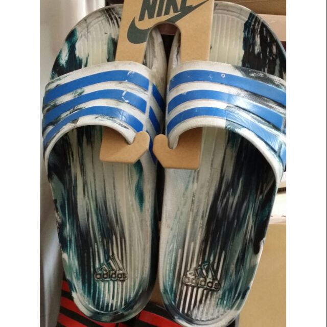 二手adidas男拖鞋潑墨藍條紋us10.5/28.5cm