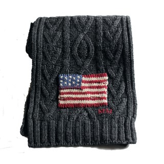 POLO Ralph Lauren 圍巾 羊毛 RL 灰色編織 粗毛線 美國國旗 【以靡專櫃正品】