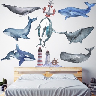 《很便宜》現貨 海豚 鯨魚 壁貼 🔥可移除不傷牆 水彩 手繪 燈塔 海洋 地中海 牆壁裝飾 客廳佈置 臥室 床頭 宿舍