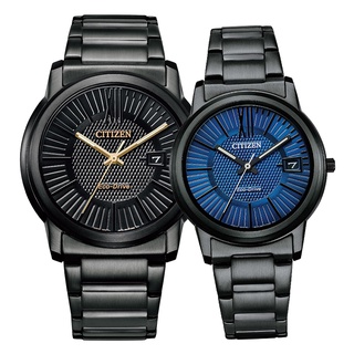 【CITIZEN 星辰】AW1217-83E FE6017-85L 羅馬字 鋼錶帶 日期顯示 光動能對錶 黑金+藍 台南