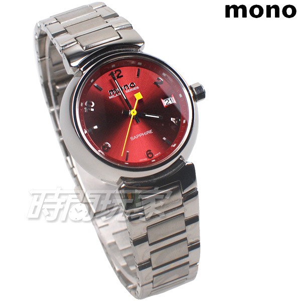 mono 時尚 傳奇 經典 碟形水晶錶面 女錶 防水手錶 日期視窗 不銹鋼 9295紅【時間玩家】