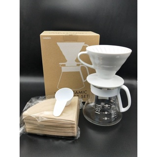 【圖騰咖啡】HARIO 日本有田燒陶瓷手沖咖啡套組 白色1~4人陶瓷濾杯+耐熱玻璃壺+濾紙+豆匙 XVDD-3012W