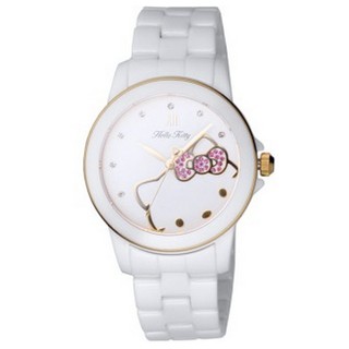 HELLO KITTY 羞澀心情時尚陶瓷優質腕錶-白+金-LK673LWWI-K