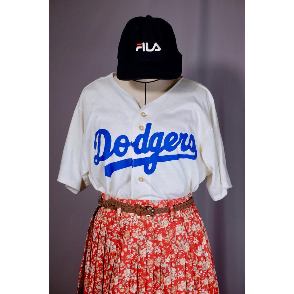 Used 二手 / MLB美國職棒-洛杉磯道奇隊棒球衫 Dodgers 白色棒球衣 古著收藏/Fila黑色棒球帽/百褶裙